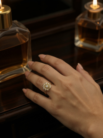 Güneş Işığı Model Dönen Gold Renk Taşlı Stres Yüzüğü (Üzerindeki Figür Dönmektedir)