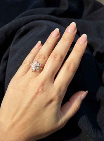 Pembe Çiçek Model Taşlı Dönen Gold Renk Stres Yüzüğü (Çiçek Figürü Dönmektedir)