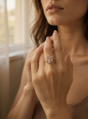 Pembe Çiçek Model Taşlı Dönen Gold Renk Stres Yüzüğü (Çiçek Figürü Dönmektedir)