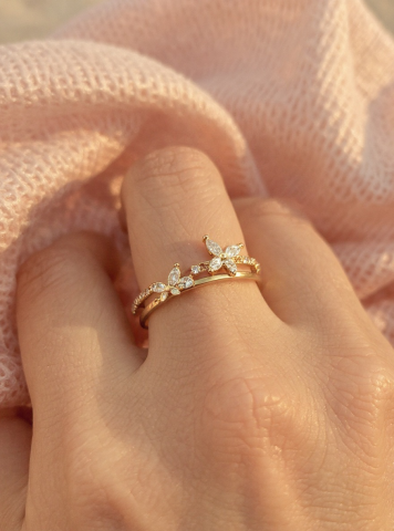 Ayarlanabilir Çelik Kelebek Form Damla Taşlı Yüzük – Gold Renk / Aurora Collection