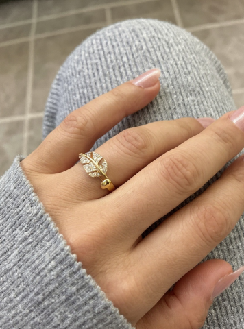 Ayarlanabilir Çelik Taşlı Yaprak Form Yüzük – Gold Renk / Eden Leaf Collection