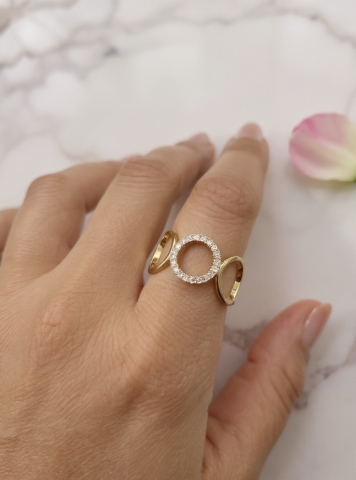 Ayarlanabilir Çelik Taşlı Geometrik Daire Yüzük – Gold Renk / Halo Motion Collection