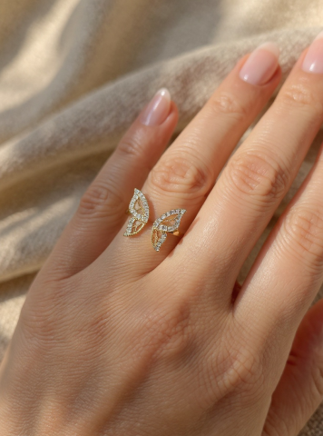 Ayarlanabilir Çelik Crystal Twin Wings Kelebek Yüzük – Gold Renk / Butterfly Dreams Collection